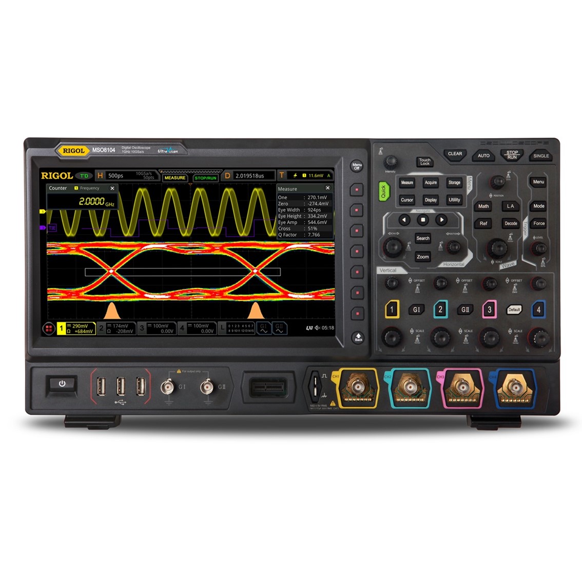 RIGOL MSO8064 4채널, 600MHz, 10GSa/s, 500Mpts, 1024x600 디지털 디지털 오실로스코프