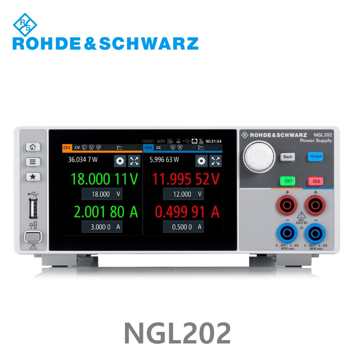 로데슈바르즈 NGL202 2채널/120W, 0V~20V, ≤ 6V: 0A~6A, >6V: 0A~3A DC파워서플라이,DC전원공급기 (3638.3376.03)