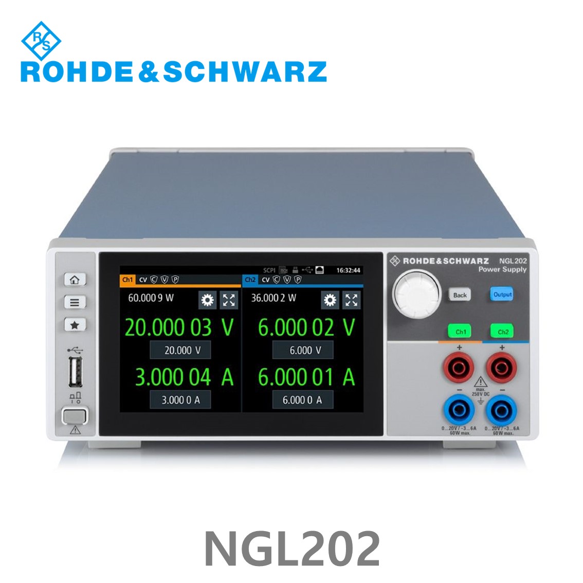 로데슈바르즈 NGL202 2채널/120W, 0V~20V, ≤ 6V: 0A~6A, >6V: 0A~3A DC파워서플라이,DC전원공급기 (3638.3376.03)