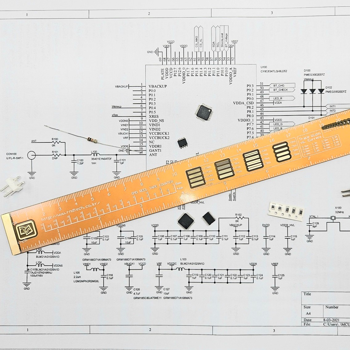알앤디테크 금도금 PCB룰러 PCB줄자 PCB설계참조/25Cm/PCB Ruller