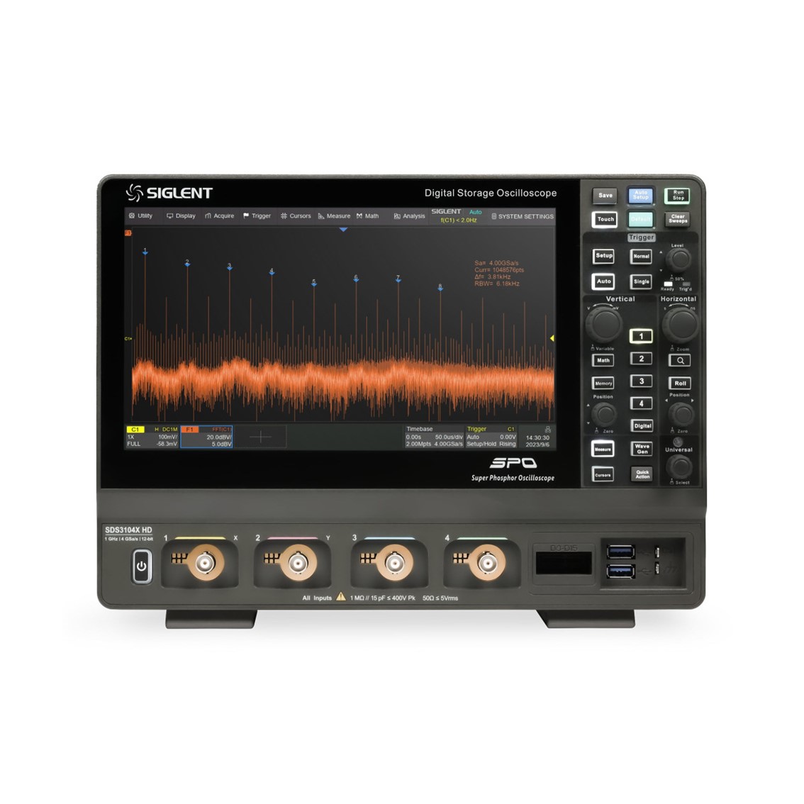 SIGLENT SDS3104X HD 오실로스코프 4채널, 1GHz, 4GSa/s, 12-bit, 400Mpts