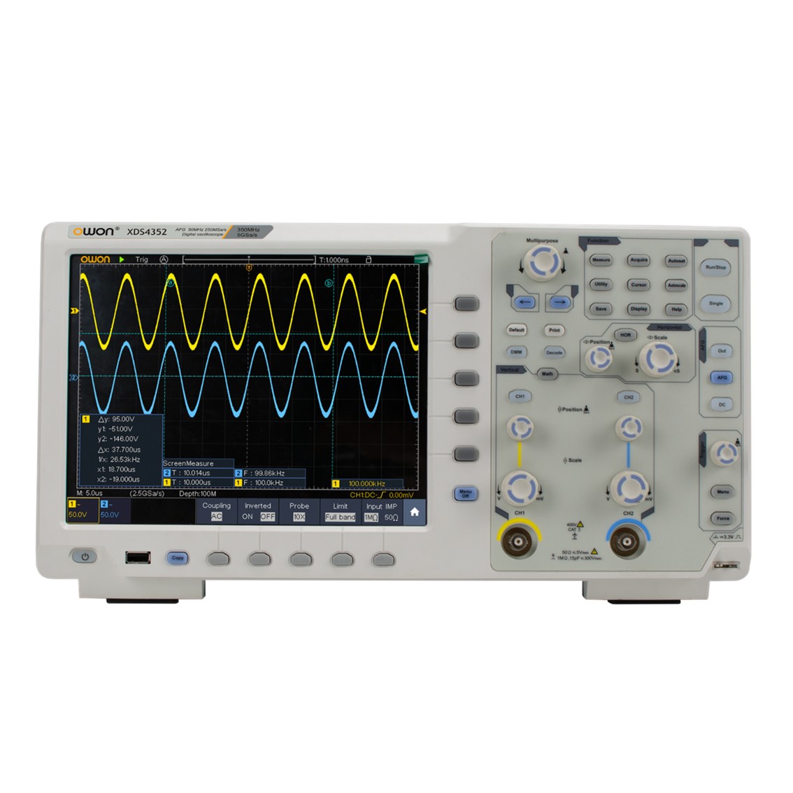 OWON XDS4352 디지털 오실로스코프 350MHz, 2채널, 5GS/s, 400M 메모리