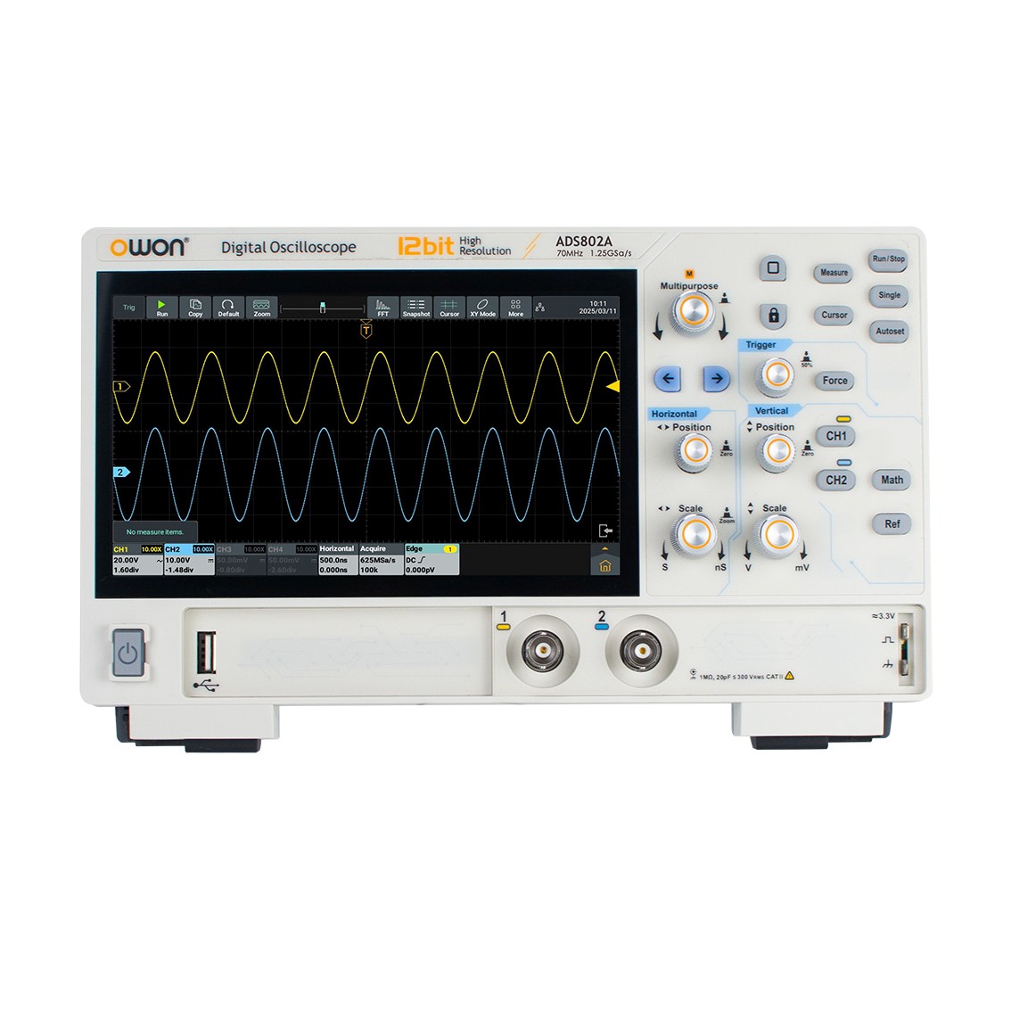 OWON ADS822A 2채널, 200MHz, 1.25GS/s, 50M, 12Bits 디지털 오실로스코프